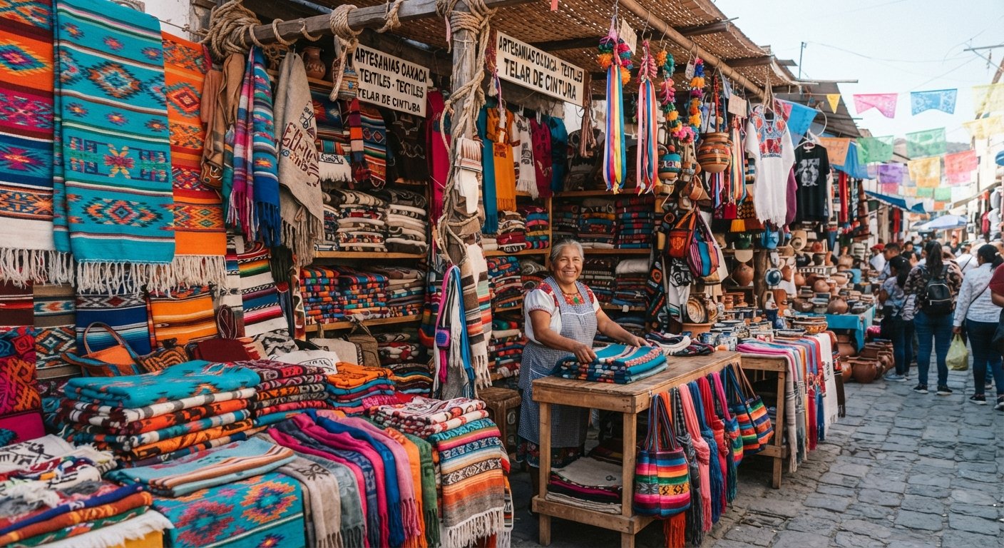 Puesto de textiles en el mercado