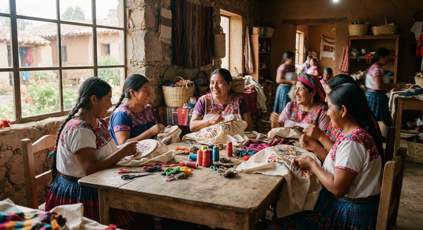 Artesanas otomíes bordando durante el rodaje del cortometraje